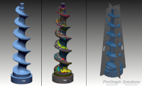 Composite image of the 3D scanning process showing the raw mesh, derived surfaces and the go, no-go gauges modeled on top of the scan data.